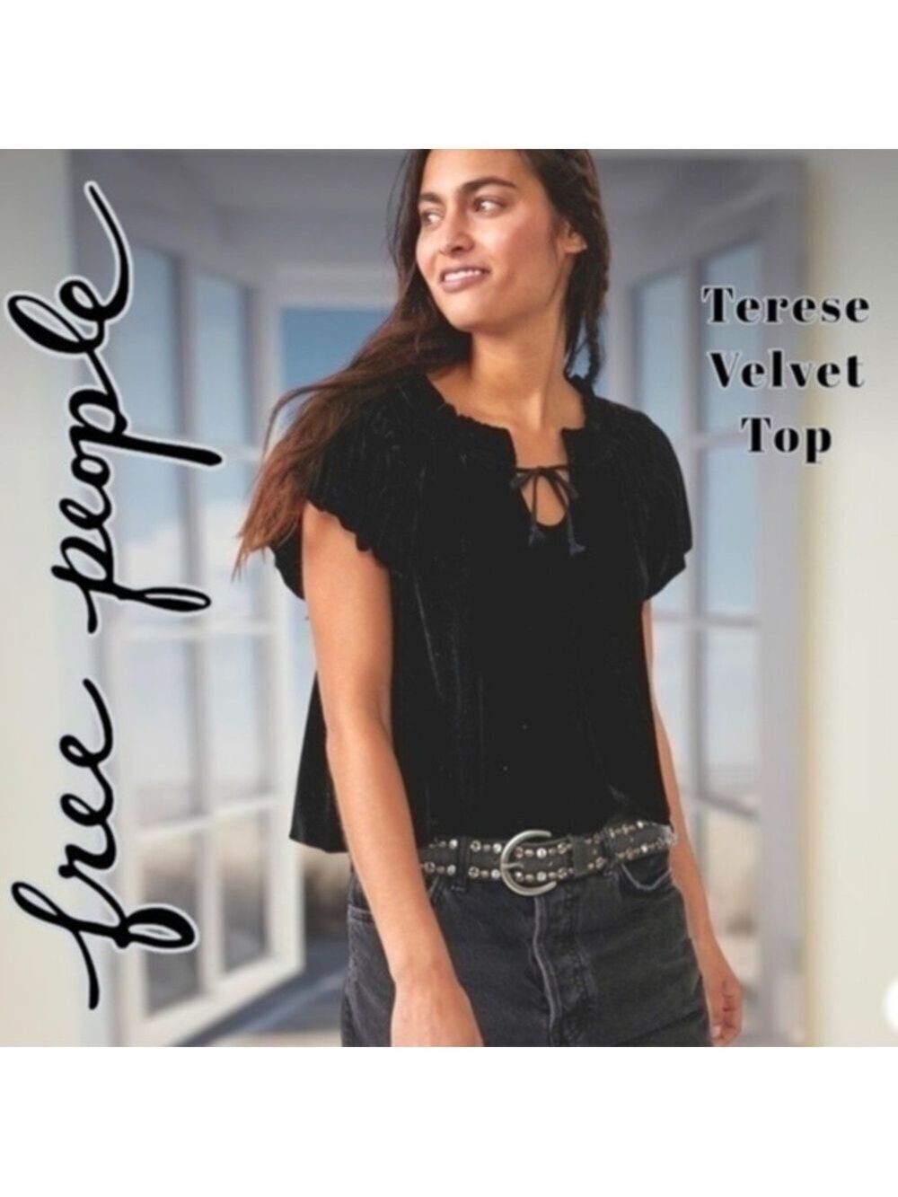 FREE PEOPLE Terese Velvety Short Puff Sleeve V-Neck w/Ties Relaxed Fit Top NWT